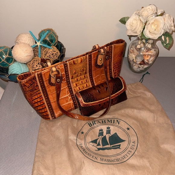 Brahmin Tan and Brown Croc-Embossed Tote and Wallet with...